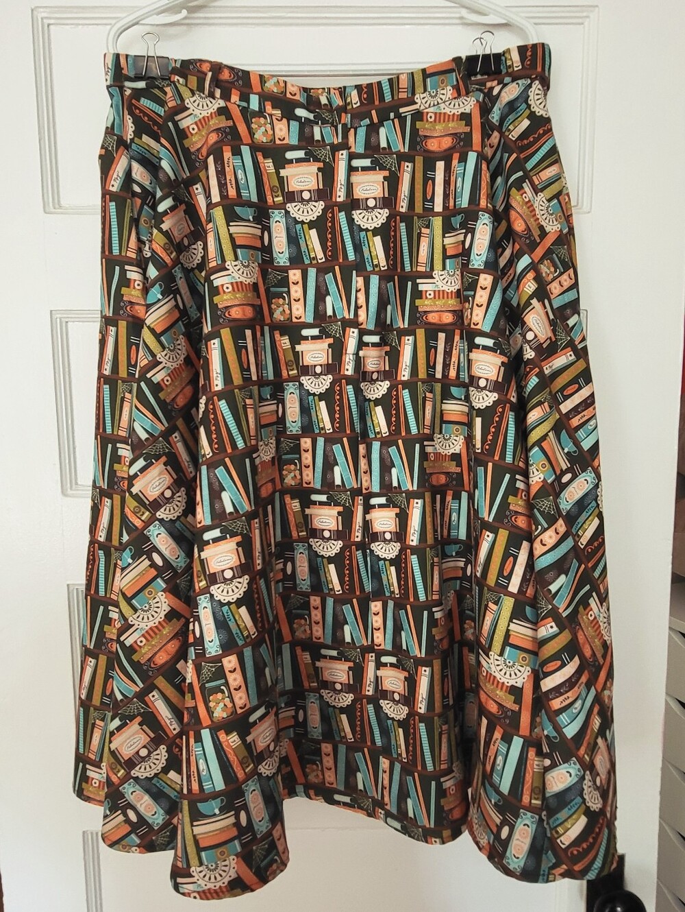 Lindy Bop Bookcase Print Skirt in Black, Teal & Orange